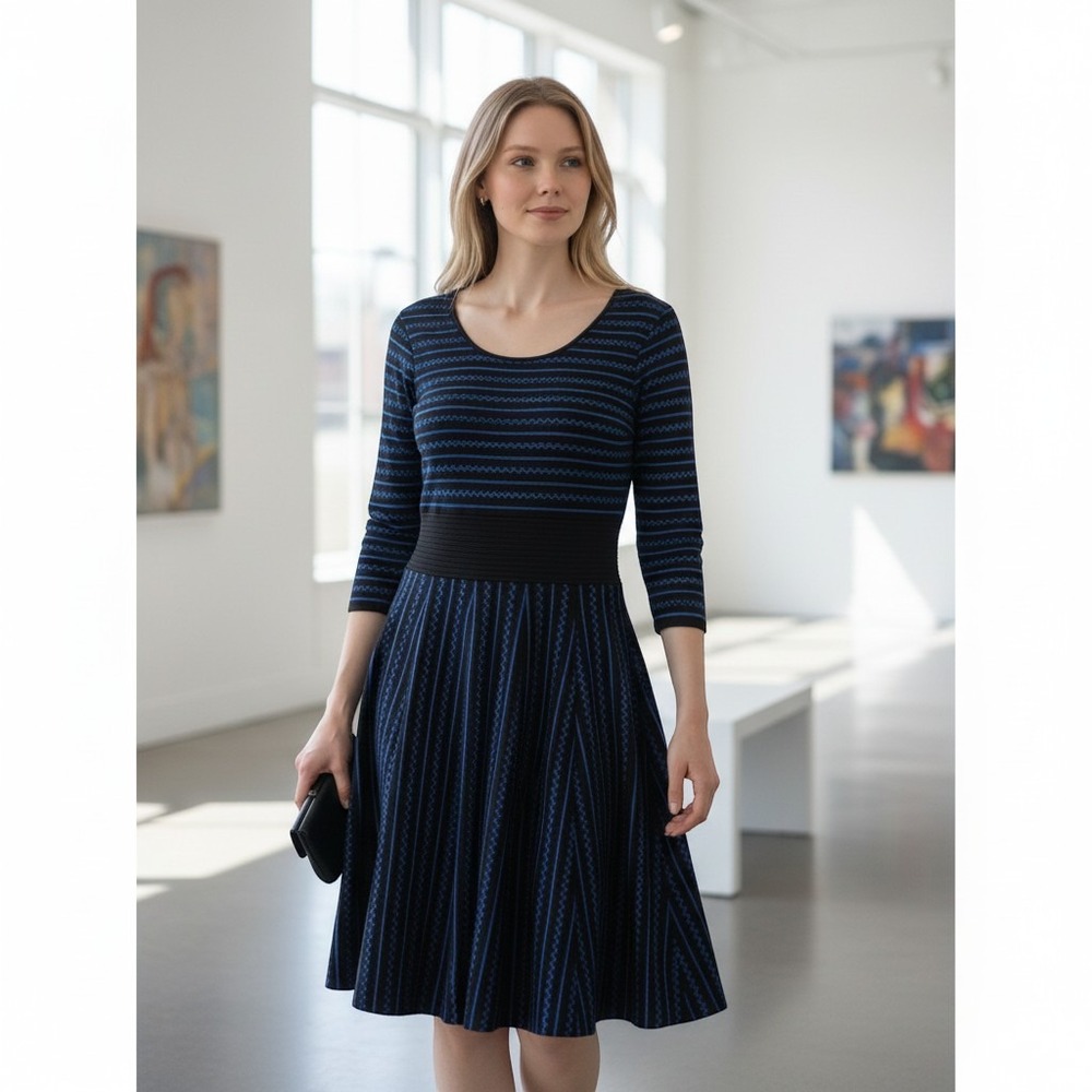 Gabby + Skye Blue Black Knit Sweater Dress Fit and Flare A-Line